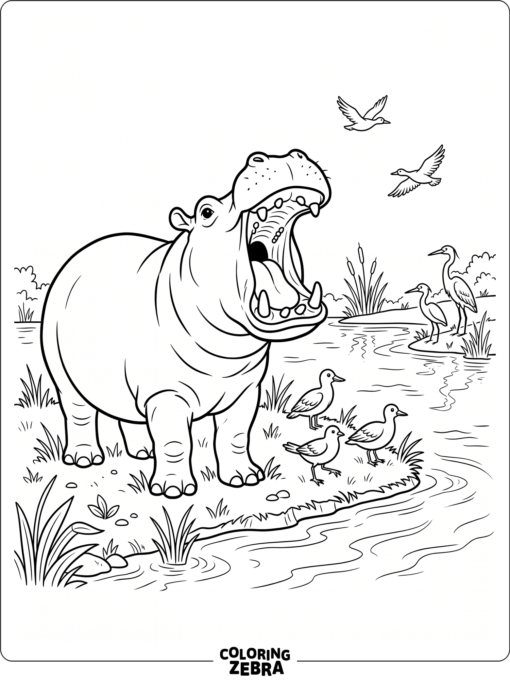 A hippo opening its mouth near the water