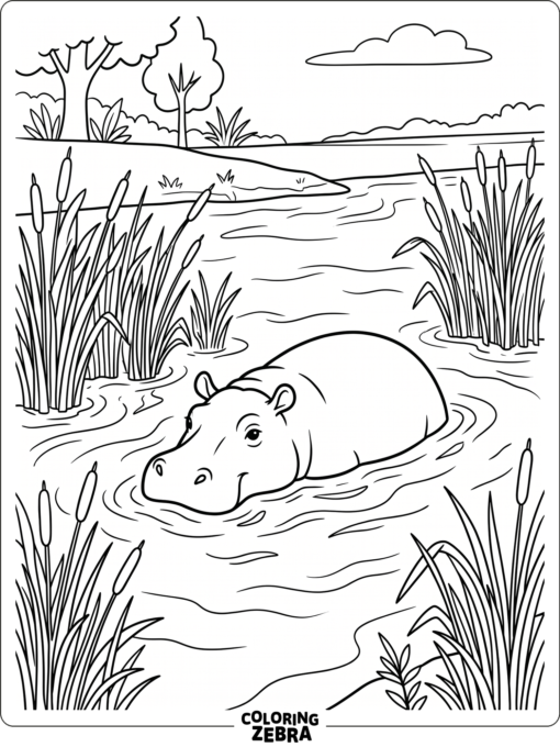 A hippo resting in a river with reeds
