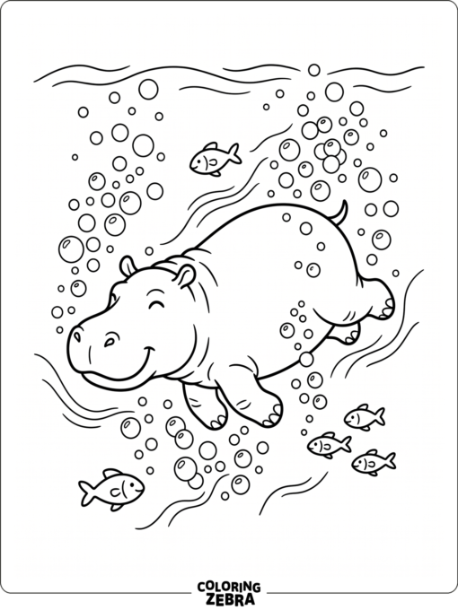 A hippo swimming underwater with bubbles and fish