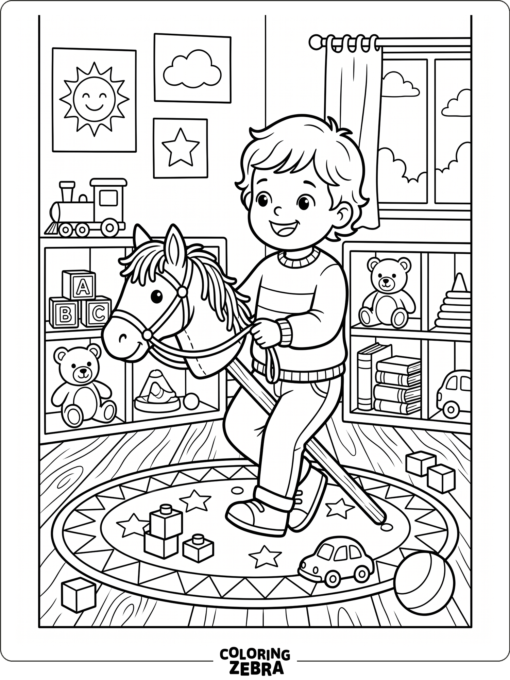 A child riding a hobby horse in a playroom
