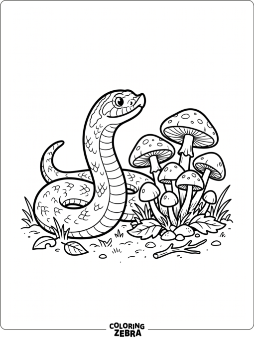 A hognose snake lifting its nose near mushrooms