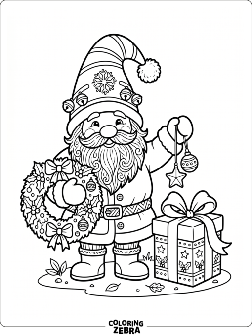 A holiday gnome with ornaments and a wreath