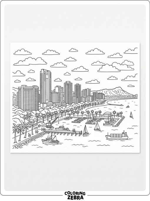 A Honolulu skyline with a harbor and palm trees