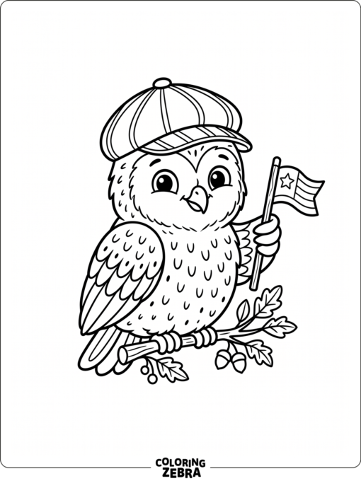 An owl in a cap holding a small flag