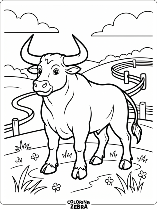 A horned bull standing firmly in a clean pasture