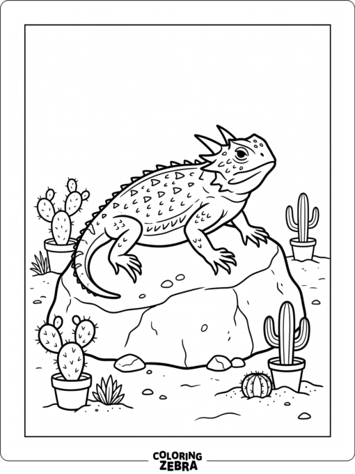 A horned lizard sitting on a rock near cactus plants