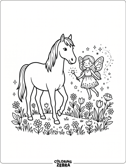 A horse and fairy near flowers and sparkles