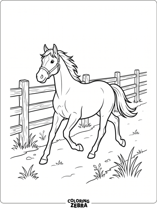 A horse trotting near a fence in a simple pasture