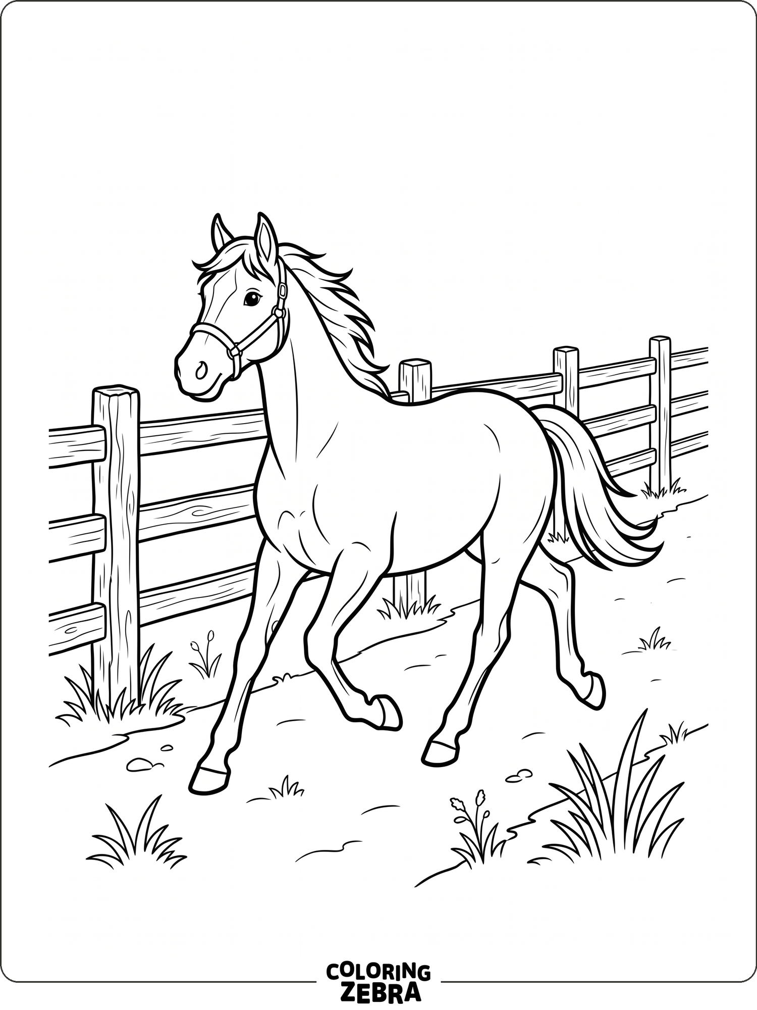 A horse trotting near a fence in a simple pasture