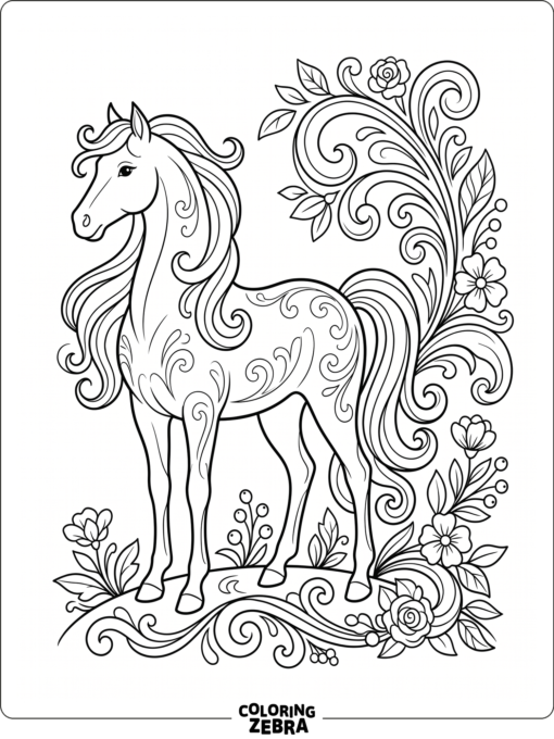 An elegant horse with flowing mane and floral swirls