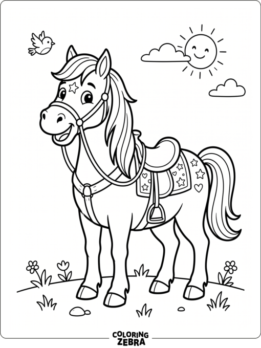 A happy horse wearing a saddle and bridle