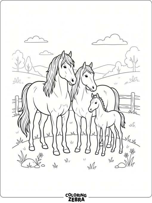 A horse family standing together in a pasture