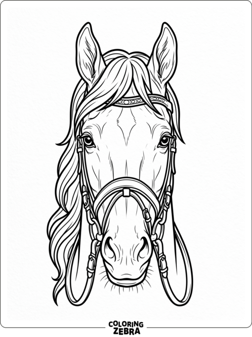 A horse head facing forward with a bridle
