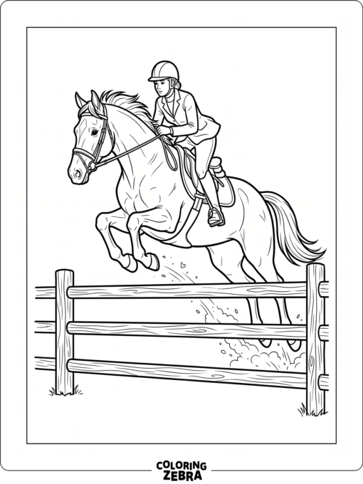 A horse jumps over a wooden fence