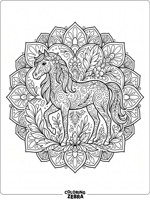 A horse framed by mandala petals and leaves