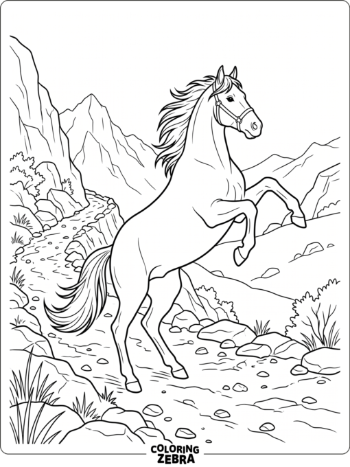 A horse rears beside a rocky trail