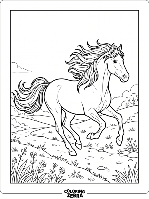 A horse runs across a meadow