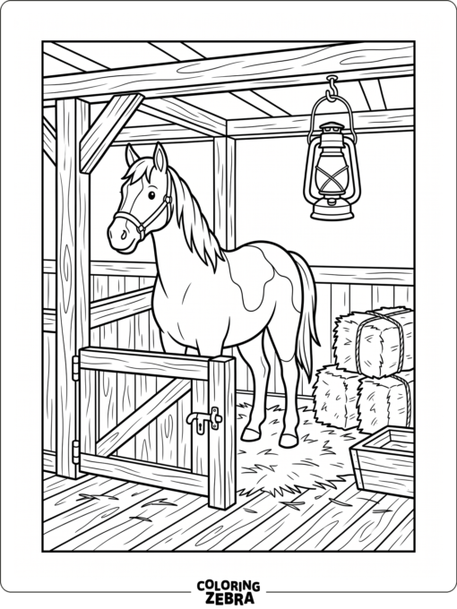A horse standing inside a stable with hay bales
