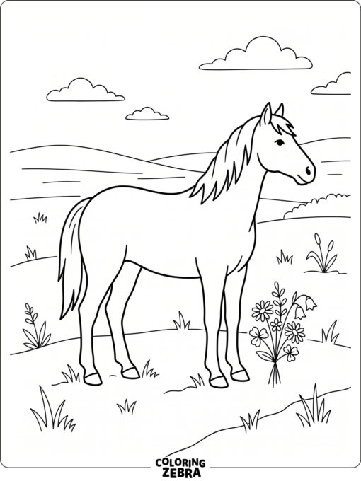 A horse standing beside a bouquet of wildflowers
