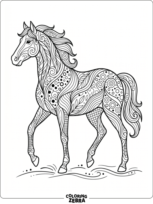 A horse filled with zentangle patterns and curves