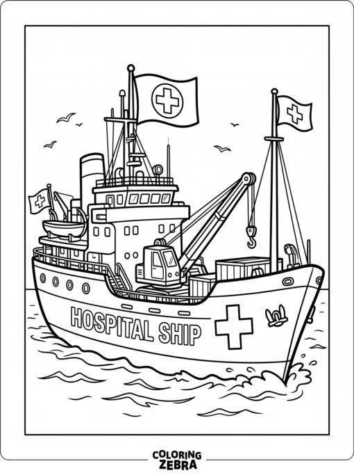 A hospital ship with cross flags and a deck crane