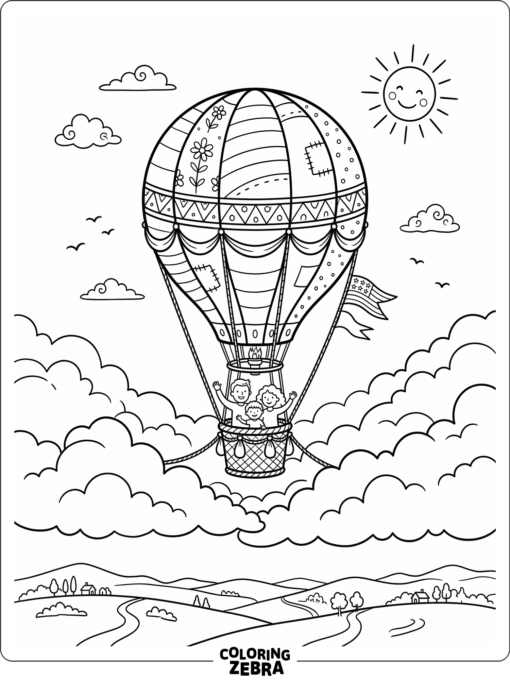 A hot air balloon floating above fluffy clouds