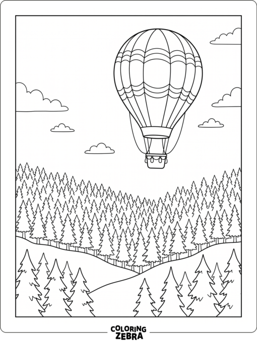 A hot air balloon floating above a forest