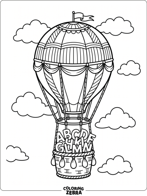 A hot air balloon carrying alphabet letters in the basket
