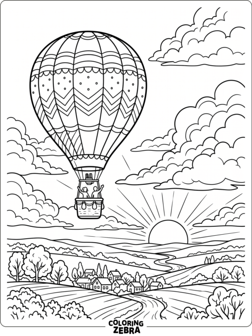 A hot air balloon floating at sunset