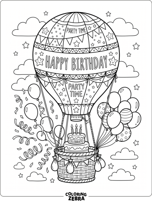 A hot air balloon with a birthday cake and streamers