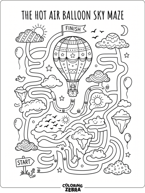 A hot air balloon maze with a path to the basket