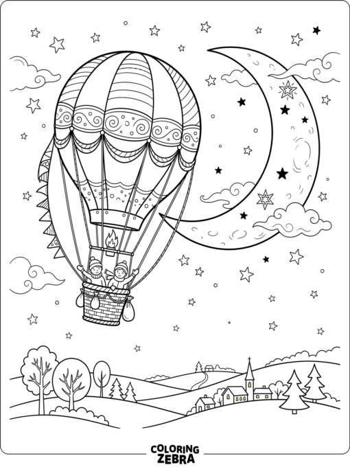 A hot air balloon floating beside a large moon at night