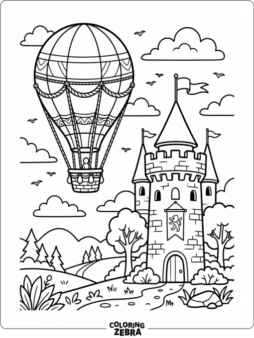 A hot air balloon floating near a castle tower