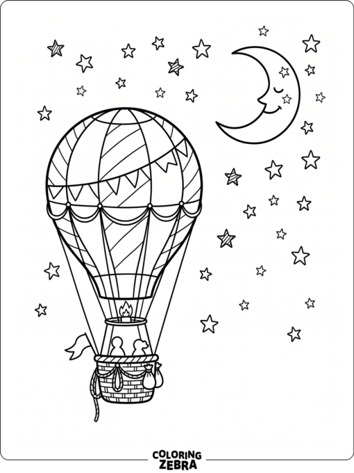 A hot air balloon under a crescent moon and stars