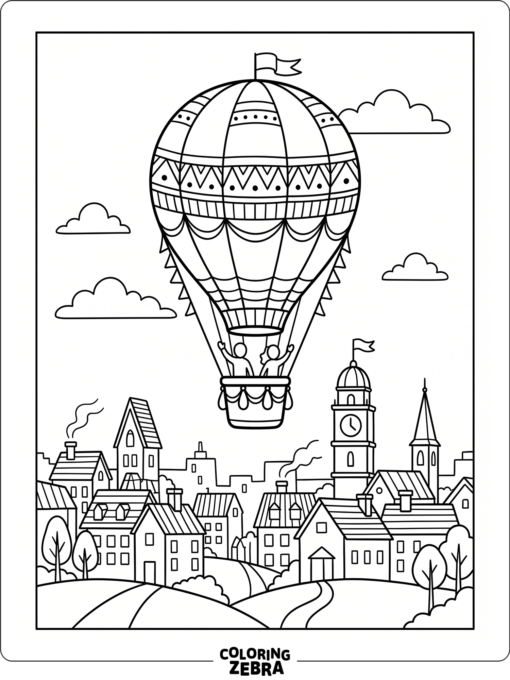 A hot air balloon flying over a city skyline
