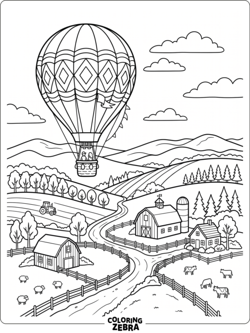A hot air balloon drifting over countryside fields