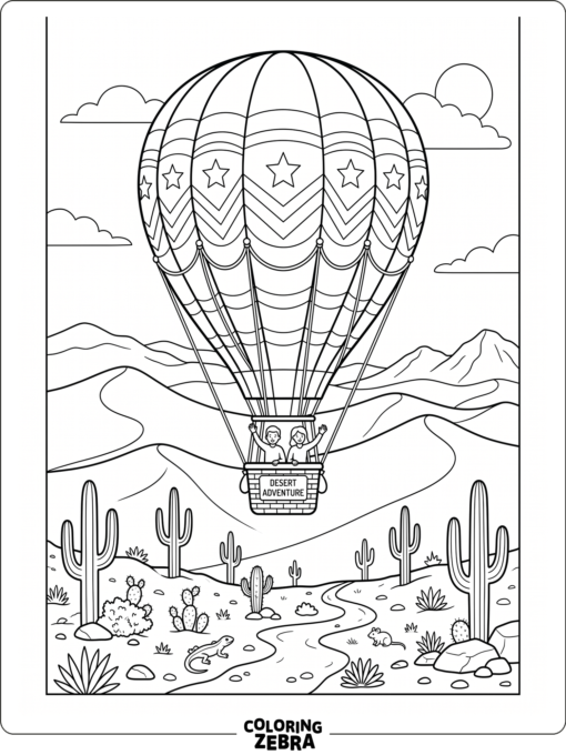 A hot air balloon drifting over desert dunes