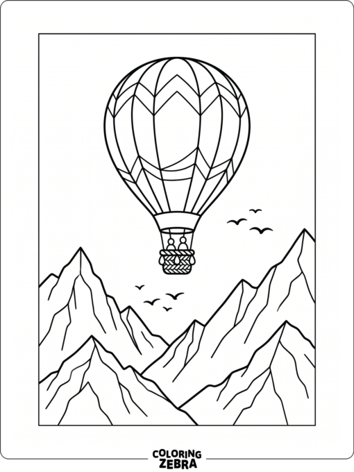 A hot air balloon floating above mountain peaks