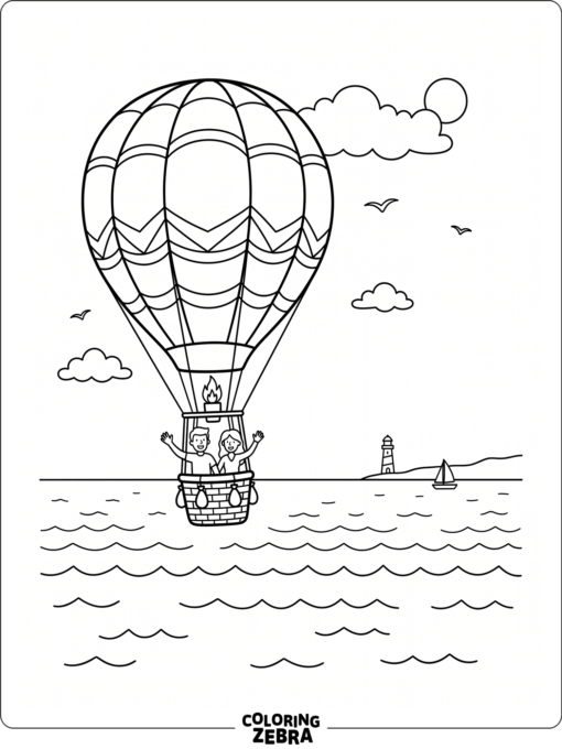 A hot air balloon floating above the ocean