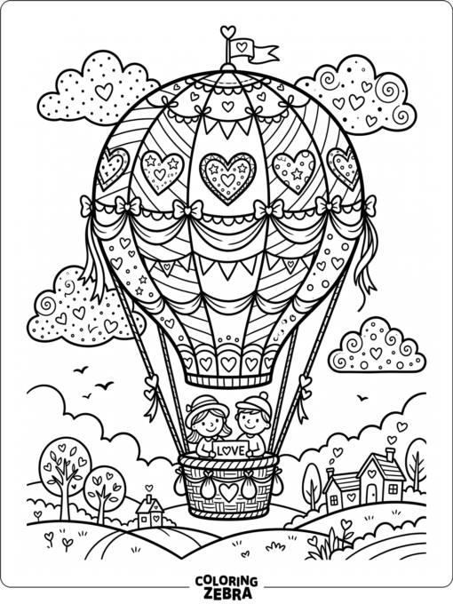 A hot air balloon decorated with hearts