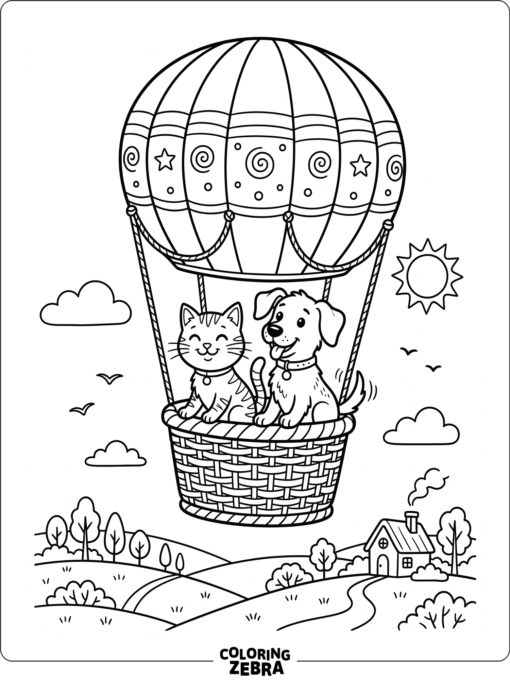 A cat and dog riding in a hot air balloon