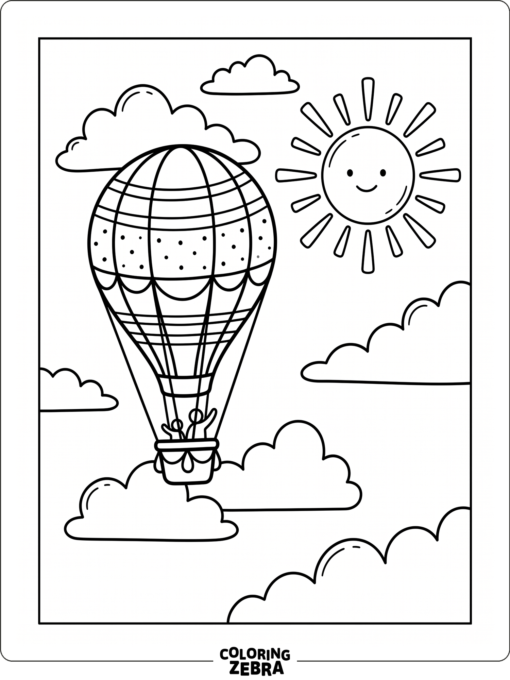 A hot air balloon floating among clouds with the sun