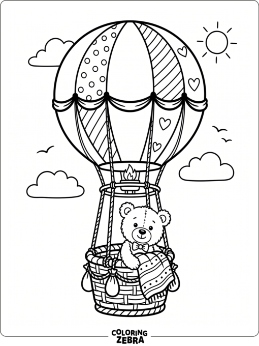 A hot air balloon carrying a teddy bear in the basket