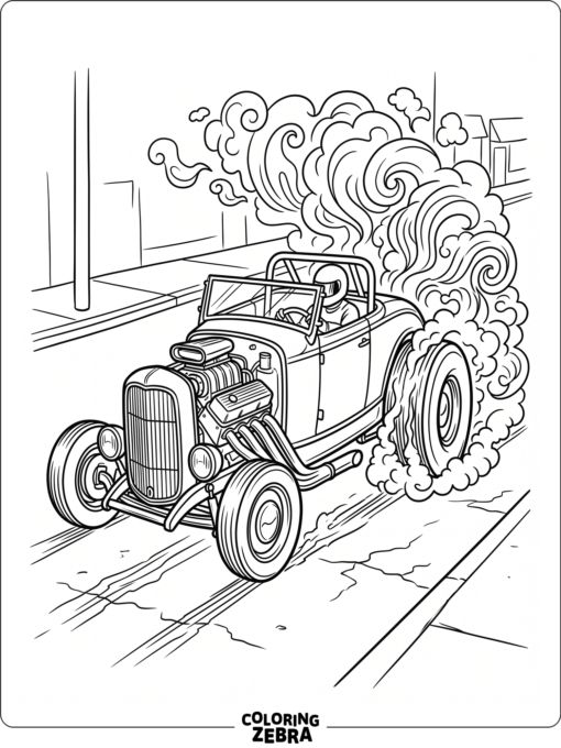 Hot rod spinning tires with smoke on a street