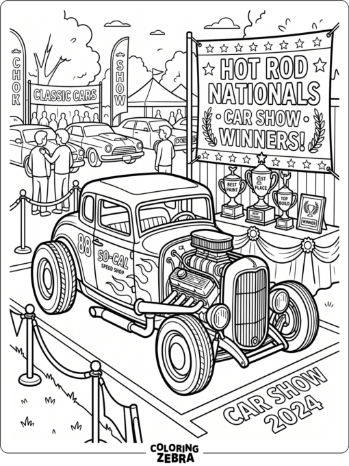 Hot rod parked at a car show with trophies
