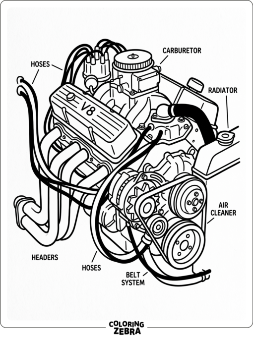 Close-up hot rod engine with hoses and belts