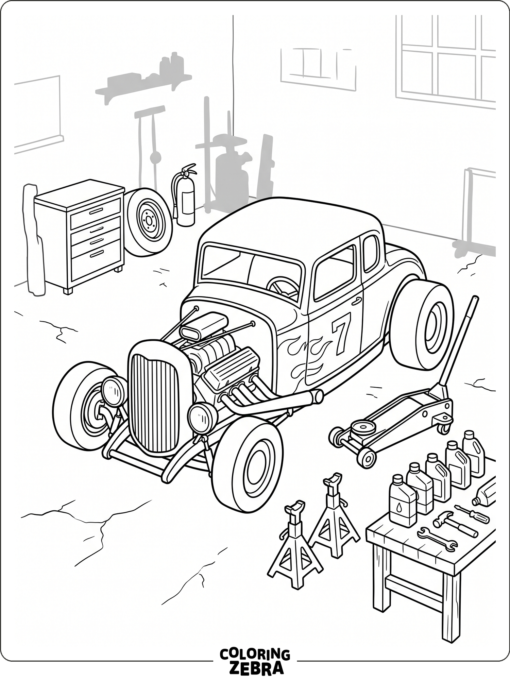 Hot rod in a garage with tools and jack stands
