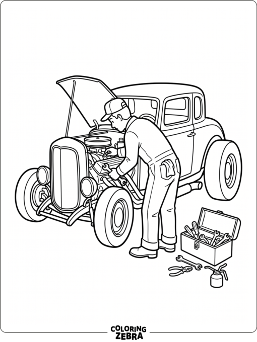 Mechanic checking a hot rod beside a toolbox