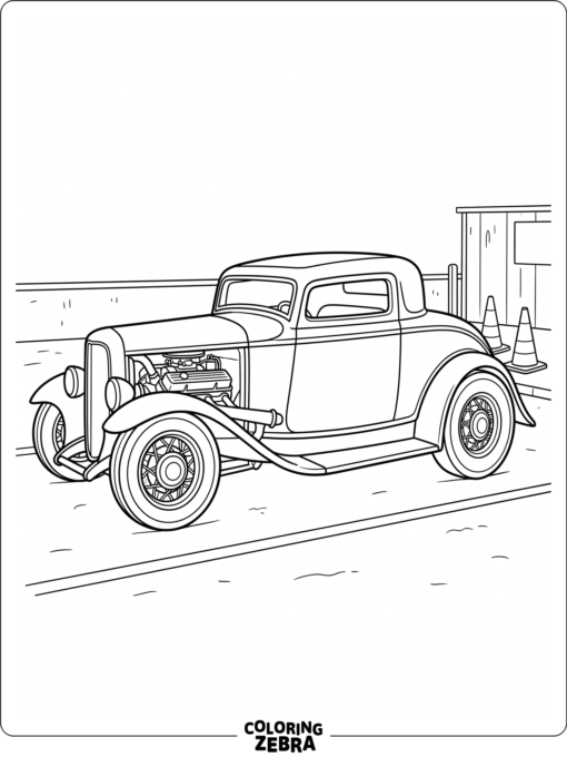 Hot rod with a chopped roof near traffic cones