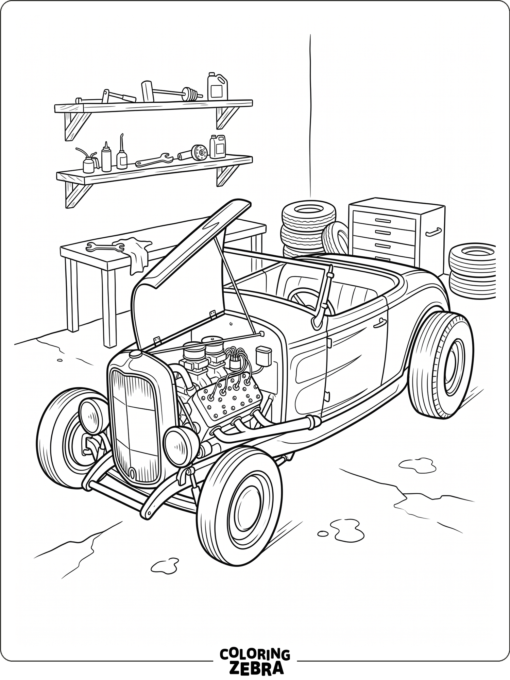 Hot rod with exposed engine in a simple garage
